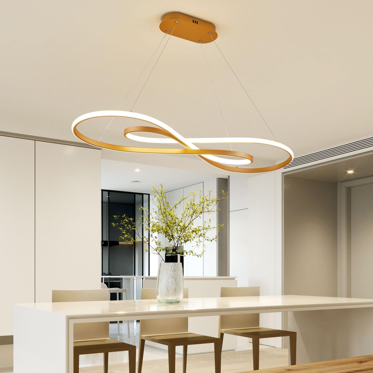 39" Modern Infinite LED Pendant Light, Dimmable LED Kitchen Island Linear Chandelier with Remote Control, Gold Modern Chandelier for Dining Room, Adjustable Height Hanging Light Fixture Over Table