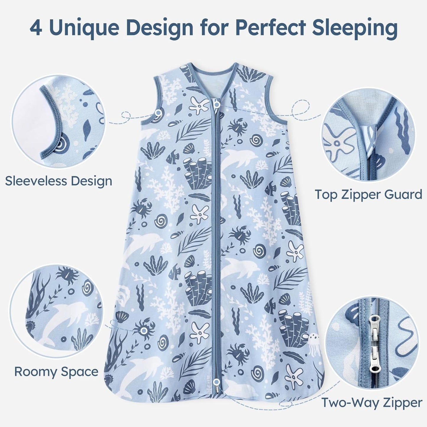 Unnivoll Baby Sleep Sack - 100% Cotton Lightweight Wearable Blanket for Infants 0-6 Months | Blue Dolphin
