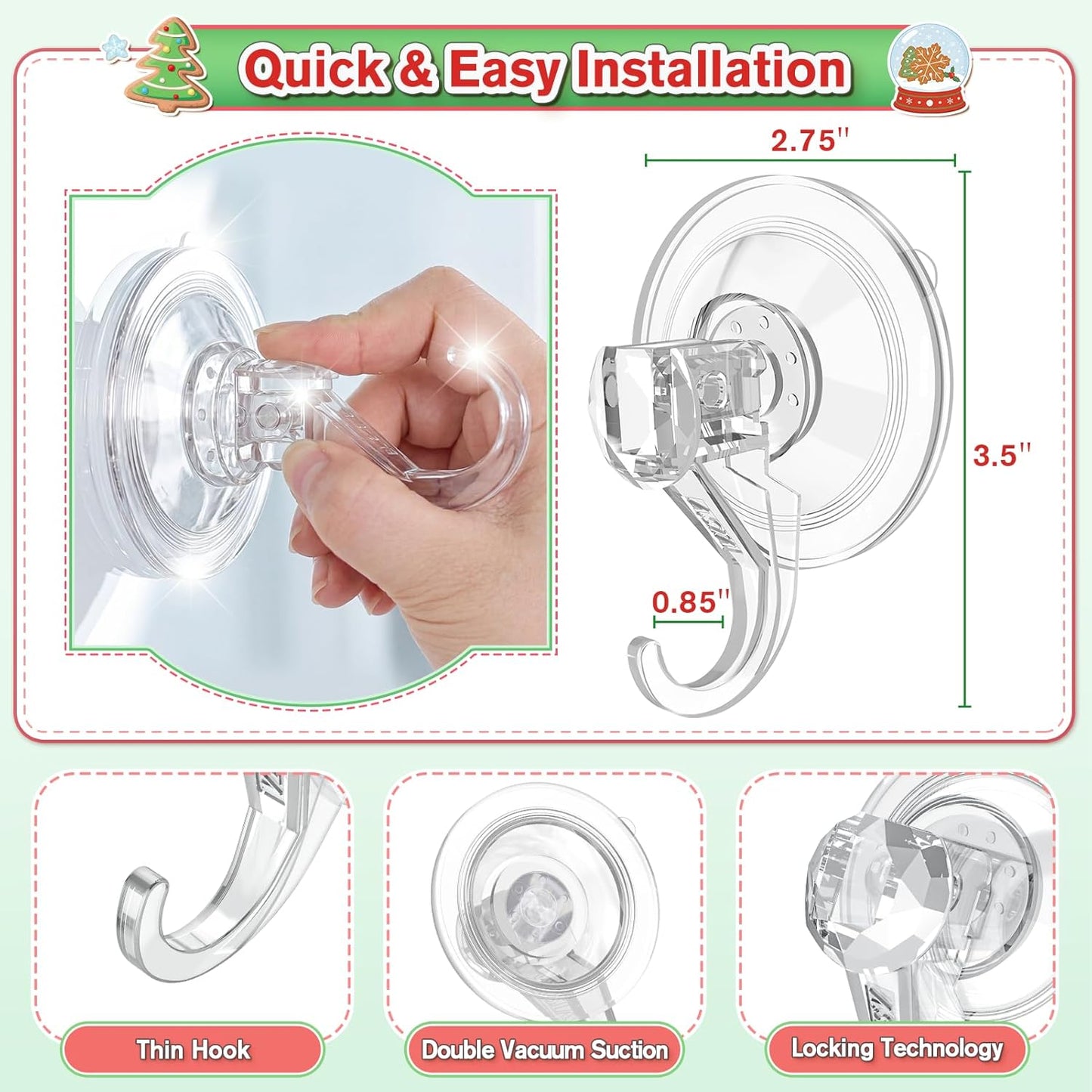 VIS'V Wreath Hanger - Heavy Duty Suction Cup Hooks | 22 LB Capacity, Removable & Reusable, Clear (2 Pcs)