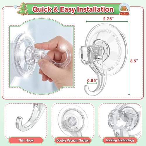 VIS'V Wreath Hanger, Large Suction Cup Wreath Hooks, Heavy Duty, 22 LB Capacity, Removable and Reusable, Clear, 2 Pcs