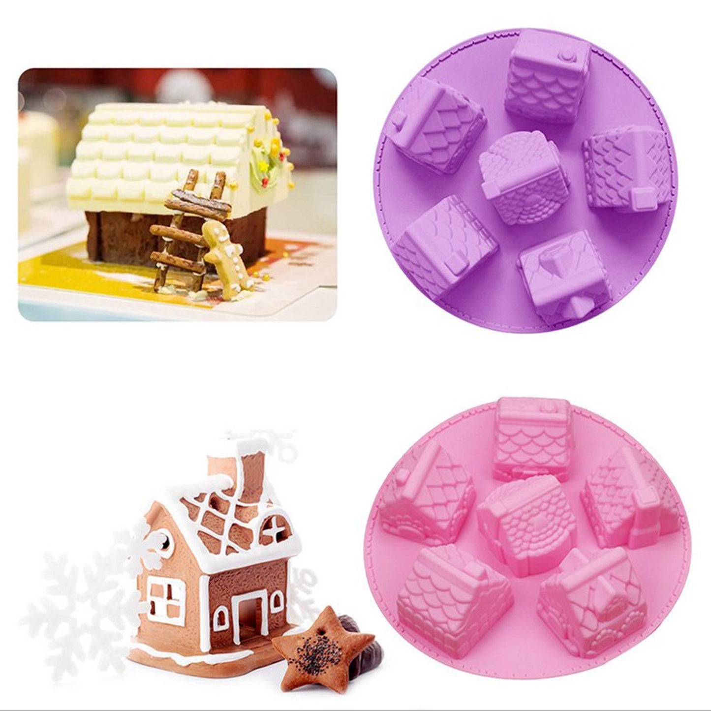 Joyeee 1 Pack House Shape Silicone Mold, 6 Cavity Non-stick Cozy Village Baking Pan, House Shape Soap Mold, Mini Christmas House Cake Molds for Brownies Chocolate Jelly Pudding Cupcake Ice-cream