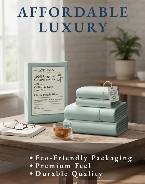LANE LINEN 100% Organic Cotton California King Sheets Set, Soft & Comf Low Pill Fade Resistant Mercerized Cotton Fully Elasticized Cal King Sheets, Fits Mattress Upto 15" Deep -Cool Blue