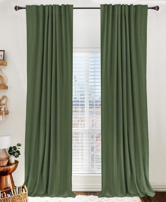 Skiennix 100% Blackout Linen Curtains - Thermal Insulated Drapes for Bedroom | 50" W x 90" L, Moss Green, 2 Panels Set