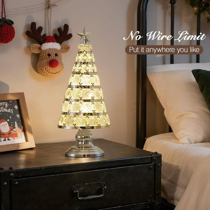Lewondr Christmas Tree Lamp - 14 Inch Battery Powered Crystal Treetop Light | Handmade Glass Ornament in Silver