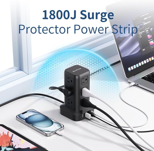 AnnTane Surge Protector Power Strip - 6.5 FT Cord with 4 USB Ports & 12 AC Outlets | Ideal for Home & Office