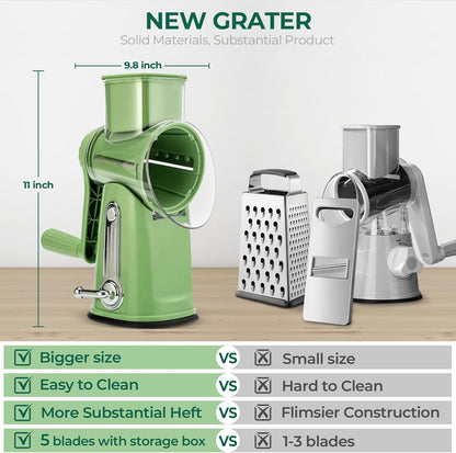 SUSTEAS Rotary Cheese Grater - Versatile Vegetable Shredder with 5 Blades & Strong Suction Base | Retro Green