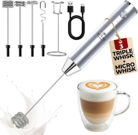 Zulay Kitchen Rechargeable Milk Frother - Powerful 2-Speed Motor, 2000mAh Battery | Handheld Mixer for Latte, Cappuccino & Matcha - Silver