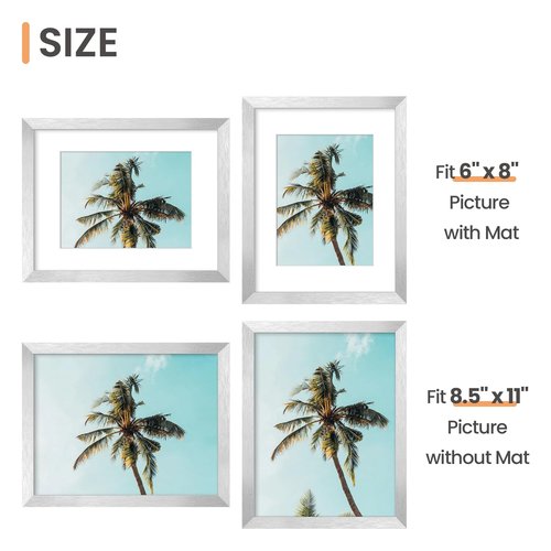 upsimples 8.5 By 11 Picture Frame, Display Pictures 6x8 with Mat or 8.5 x 11 Without, Wall Hanging Photo Frames, Silver, 1 Pack