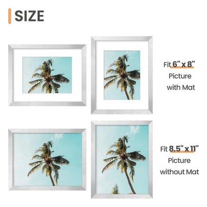 upsimples 8.5 By 11 Picture Frame, Display Pictures 6x8 with Mat or 8.5 x 11 Without, Wall Hanging Photo Frames, Silver, 1 Pack