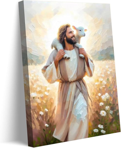 GKQNMU Jesus Carrying The Lamb Canvas Wall Art - Christ The Good Shepherd Decor | Ready To Hang