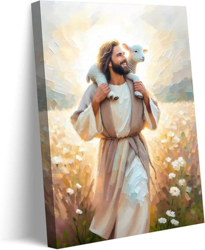 GKQNMU Jesus Carrying The Lamb Canvas Wall Art - Christ The Good Shepherd Decor | Ready To Hang