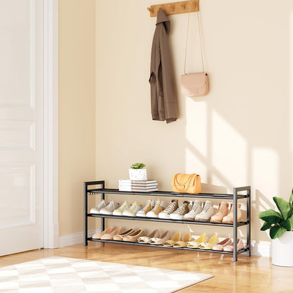 VGOBLO Expandable Shoe Rack - 18.5''- 47'' Adjustable Shoe Rack for Closet, 3 Tier Long Shoe Shelf Storage for 18 Pairs Shoe and Boot, Sturdy Metal Shoe Organizer for Entryway, Garage, Black