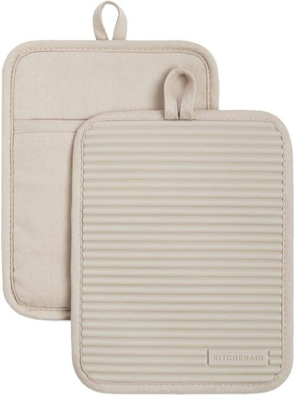 KitchenAid Ribbed Soft Silicone Pot Holder Set - 2-Pack in Milkshake Tan, 7"x9" Size