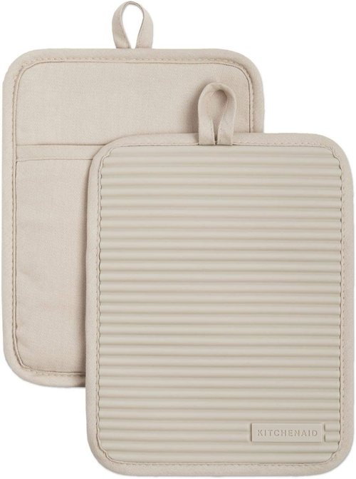 KitchenAid Ribbed Soft Silicone Pot Holder Set - 2-Pack in Milkshake Tan, 7"x9" Size