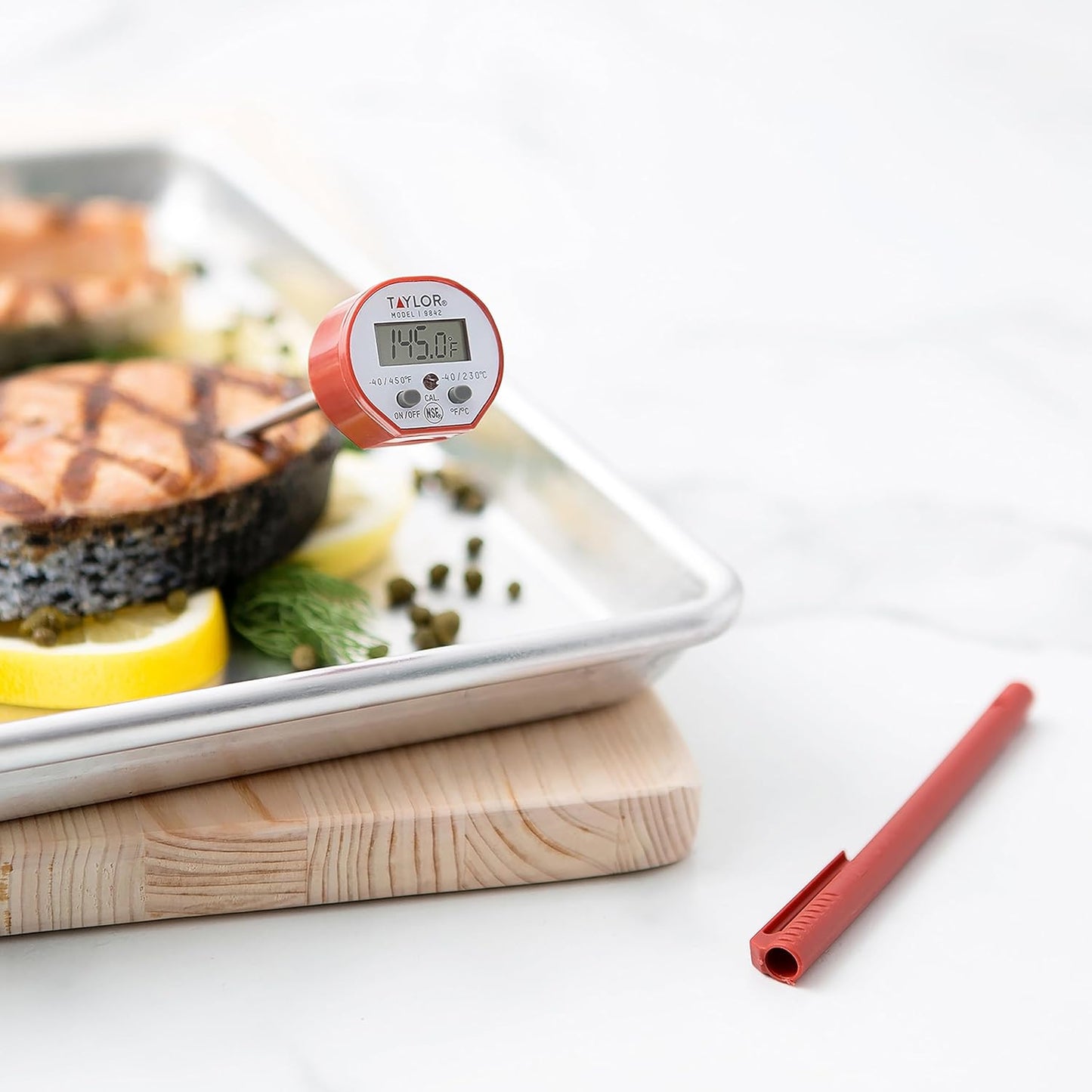 Taylor Waterproof Digital Instant Read Thermometer - Perfect for Cooking, BBQ, and Grilling | Red with Pocket Sleeve Clip