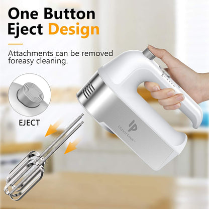 Skiennix Electric Hand Mixer - 450W Kitchen Mixer with Turbo Boost, 5 Speeds & Stainless Steel Accessories - White