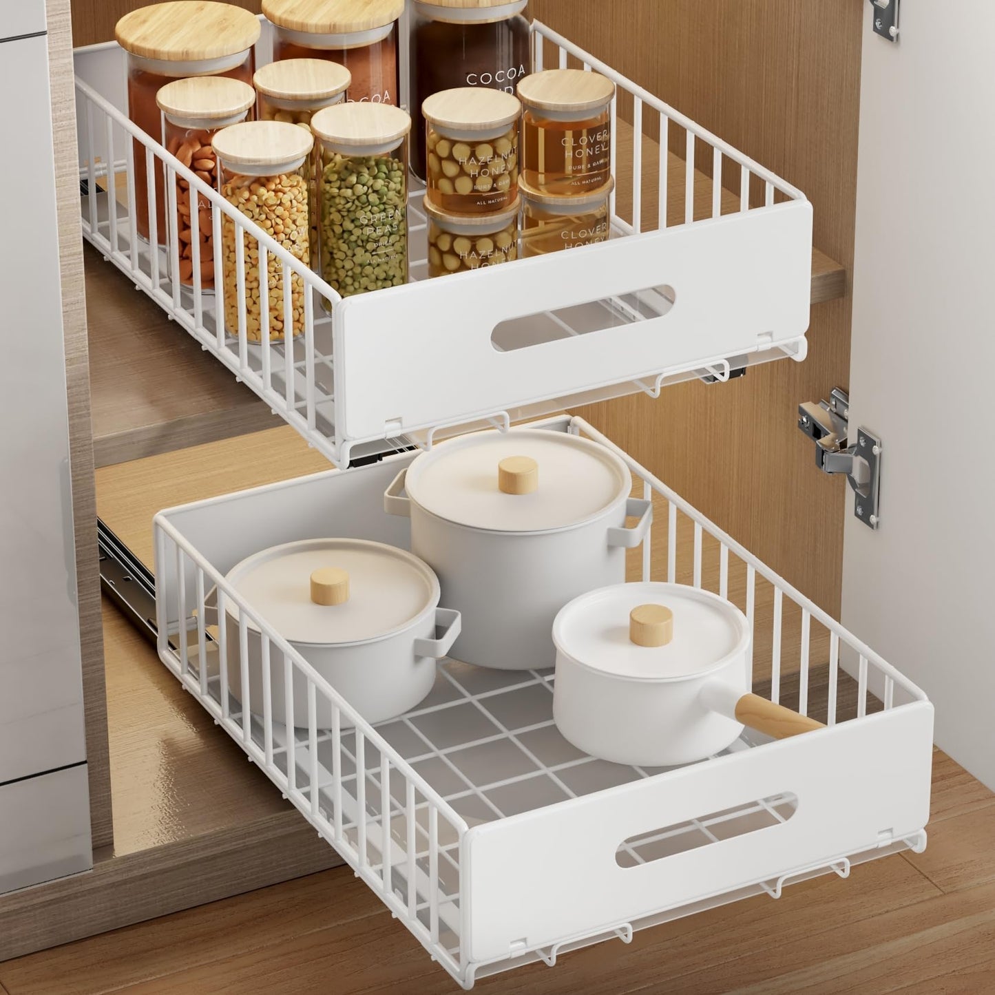 Mustorn 2 Pack Pull Out Cabinet Organizer, Slide Out Cabinet Drawers Peel and Stick Pull Out Drawers Heavy Duty Pull Out Shelf for Kitchen, Cupboard, Pantry, Bathroom (16.5" D*11.8" W*3.94" H-White)