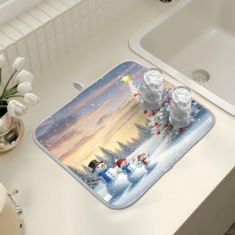 Christmas Tree and Snowman Dish Drying Mat - 18 x 16 Inch, Absorbent Microfiber Pad