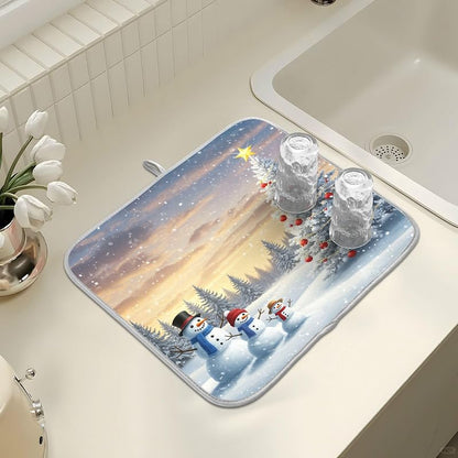Christmas Tree and Snowman Dish Drying Mat - 18 x 16 Inch, Absorbent Microfiber Pad