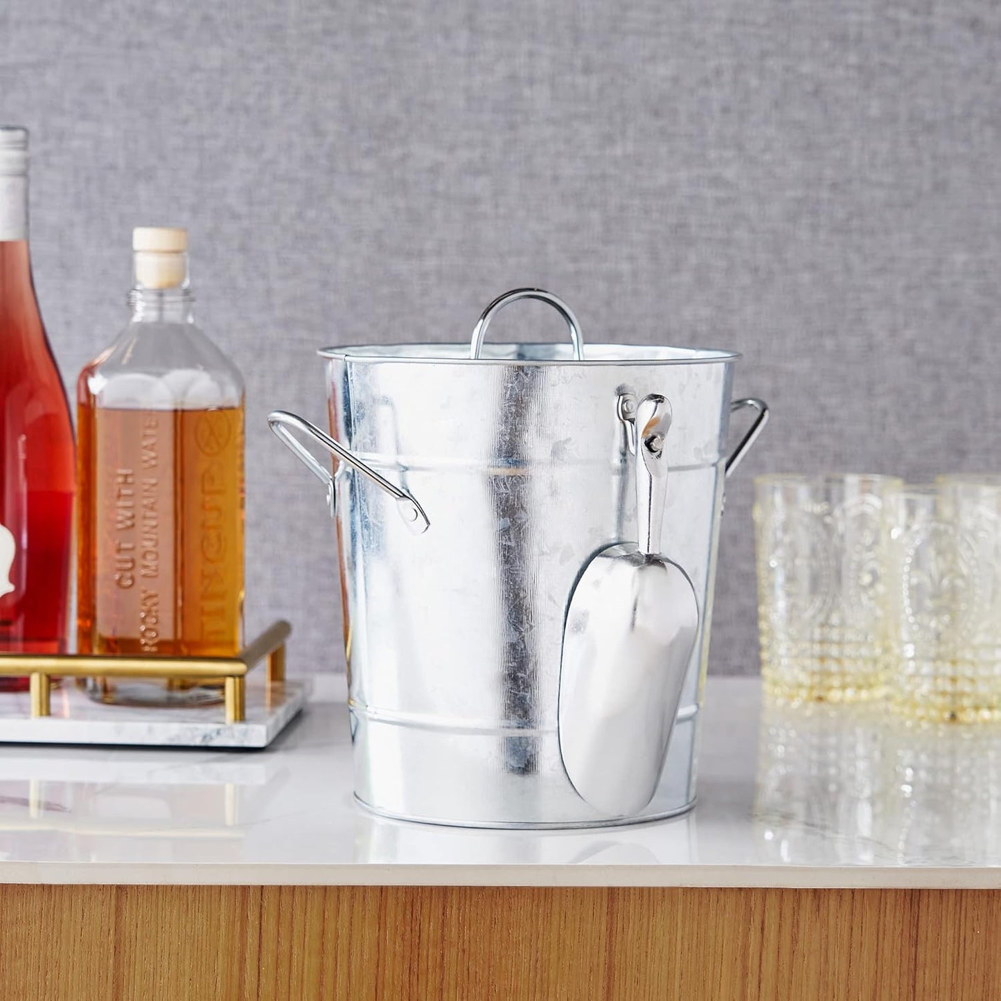 Twine Insulated Ice Bucket With Lid & Scooper for Parties - Galvanized Metal Bucket Cooler & Drink Tub Holds 1 Gallon