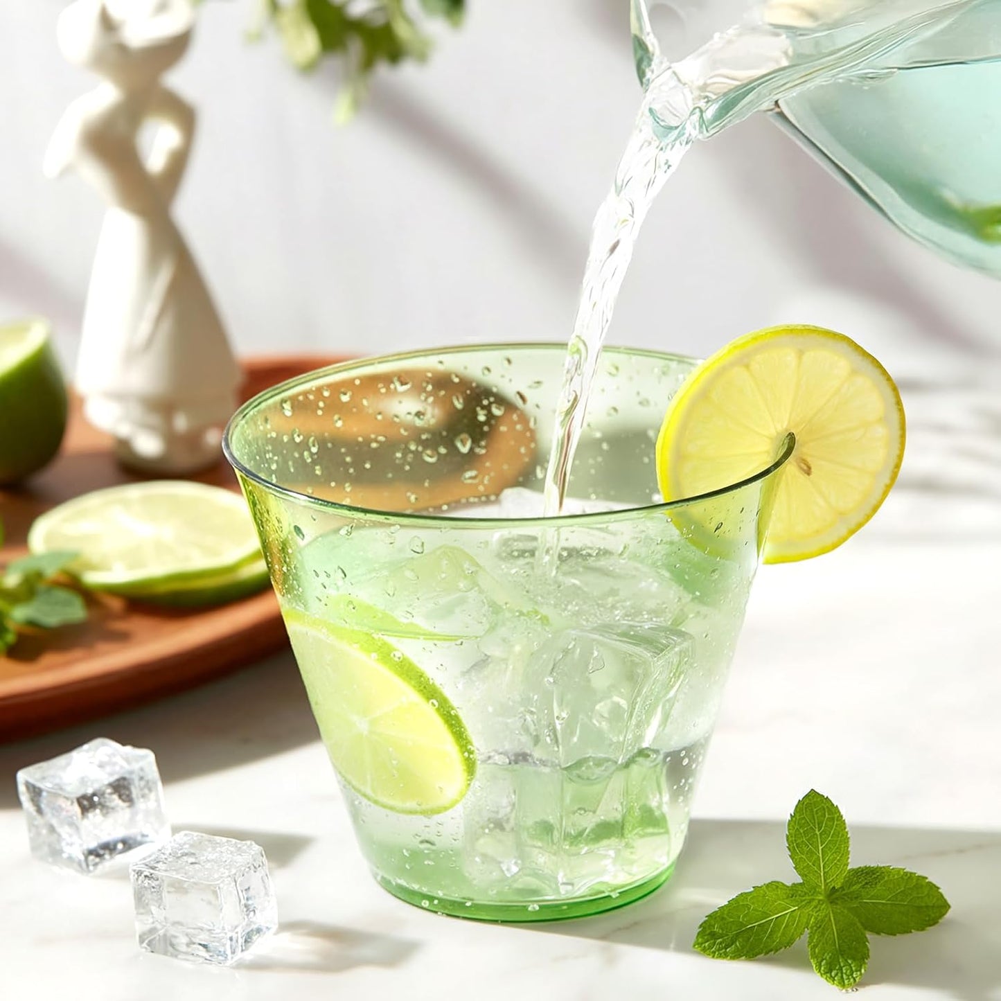 Skiennix 9 Oz Clear Plastic Cups - Green Disposable Cocktail Cups | 50 Pack for Parties & Events