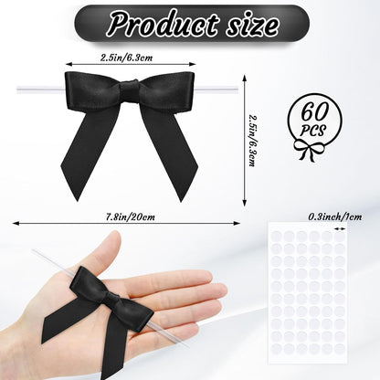 Skiennix 60 PCS Black Satin Ribbon Bows - 2.5" Premade Ties for Crafts, Gift Wrapping & Decorations