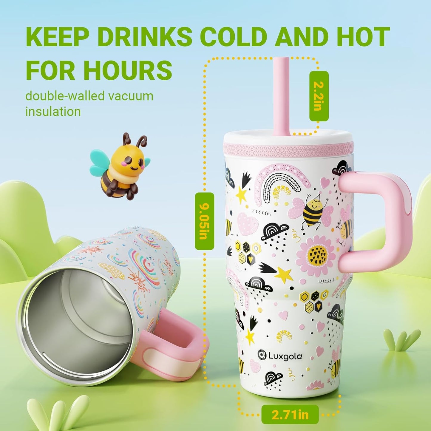 Skiennix Kids 20 Oz Tumbler - Leak-Proof Stainless Steel Water Bottle with Handle & Straw | Cute Bee Design