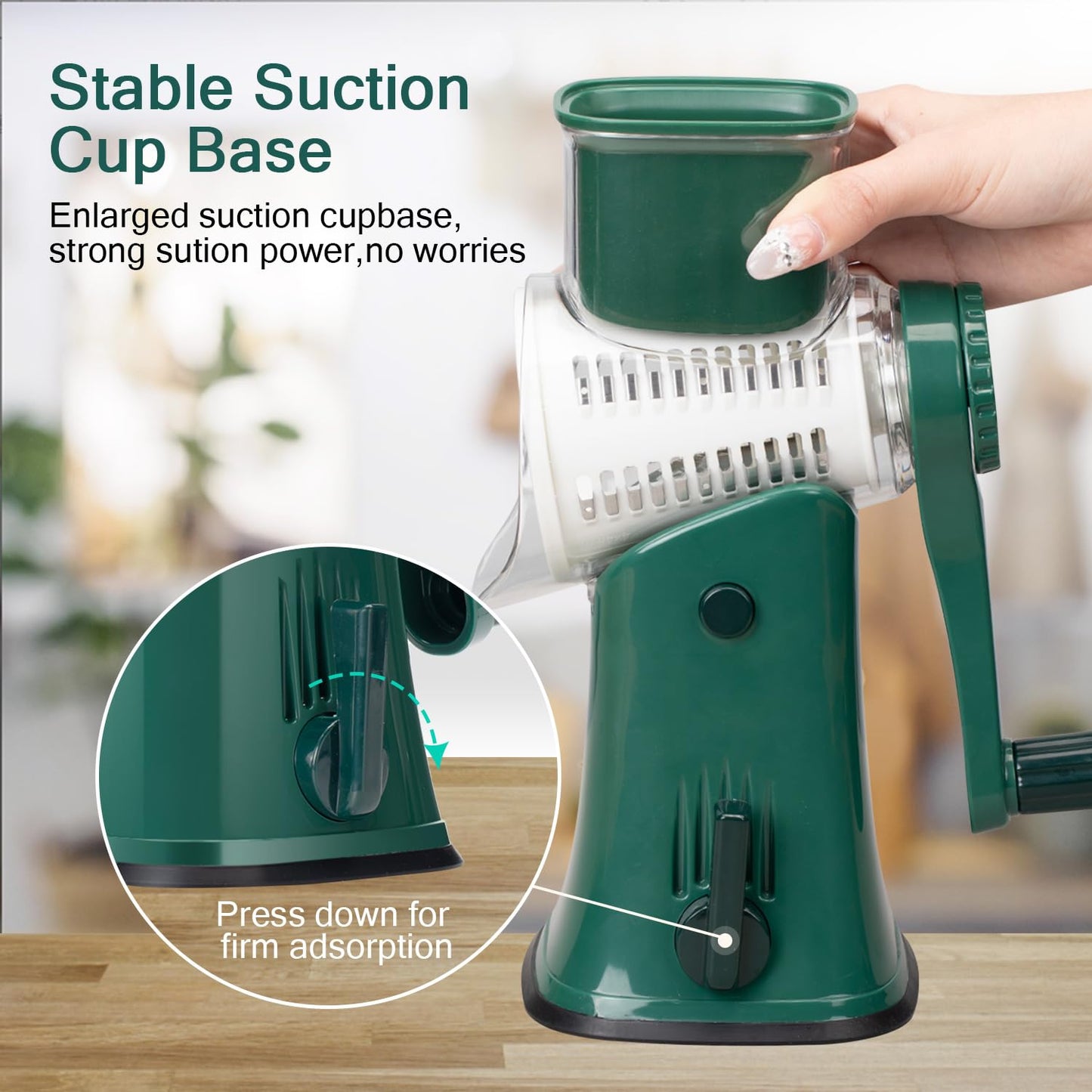 Rotary cheese grater - hand-cranked,5in1 washable & easy to clean - perfect for chefs, cuts cheese, veggies, fruits, nuts, crackers - upgraded model with strong suction-Hand Crank Cheese Grater