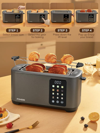 Skiennix 4-Slice Toaster - Touch Screen Control, Extra Wide Slots, Stainless Steel, Grey Finish