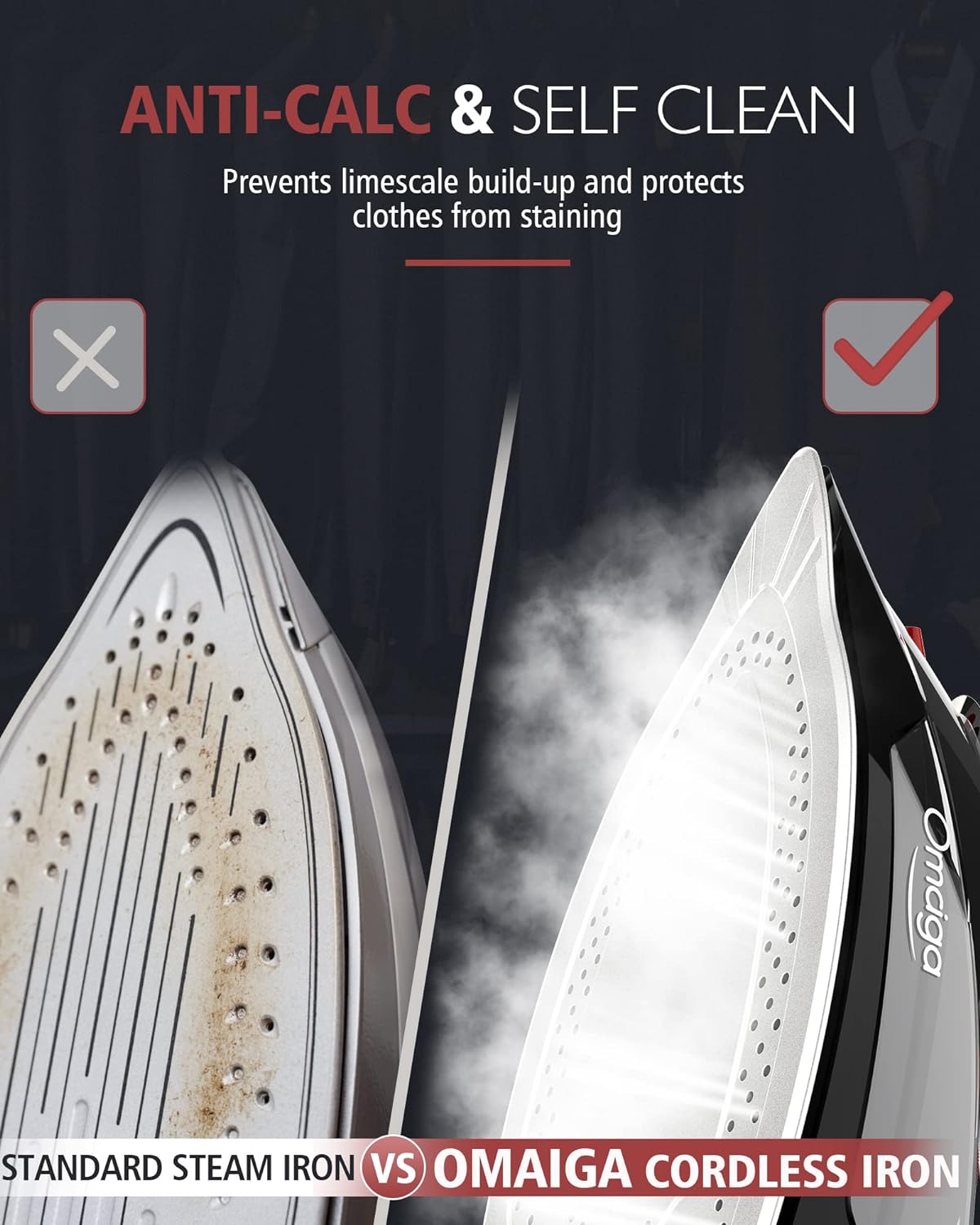 OMAIGA Cordless Steam Iron - 1500W Non-Stick Ceramic Soleplate, Auto Shut Off, 3 Temp Settings, Black