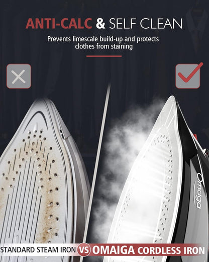 OMAIGA Cordless Steam Iron - 1500W Non-Stick Ceramic Soleplate, Auto Shut Off, 3 Temp Settings, Black