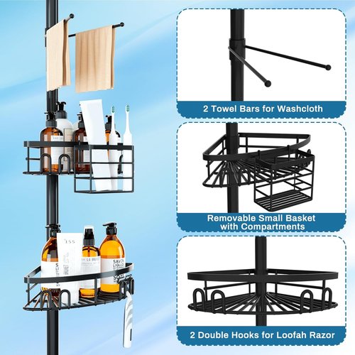 Cutefafa Rustproof Corner Shower Caddy - Adjustable Tension Pole with 4 Large Baskets & Towel Bar | 23.6 to 114.5 Inch