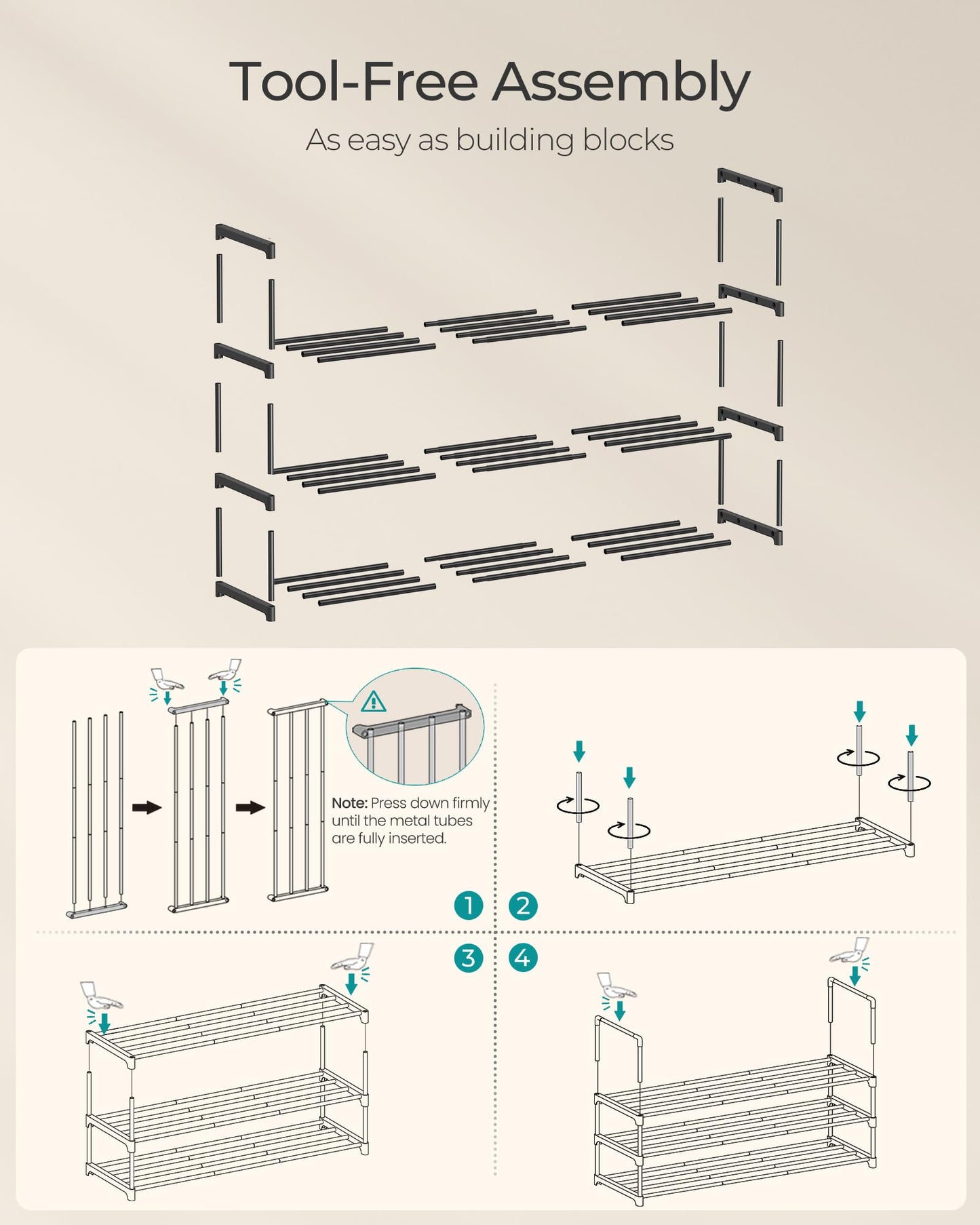 SONGMICS Shoe Rack, 10-Tier Shoe Organizer, Metal Storage Shelf, Upright or Upside Down, for 44-55 Pairs, for Entryway, 11.8 x 36.2 x 68.1 Inches, Black ULSA011B01