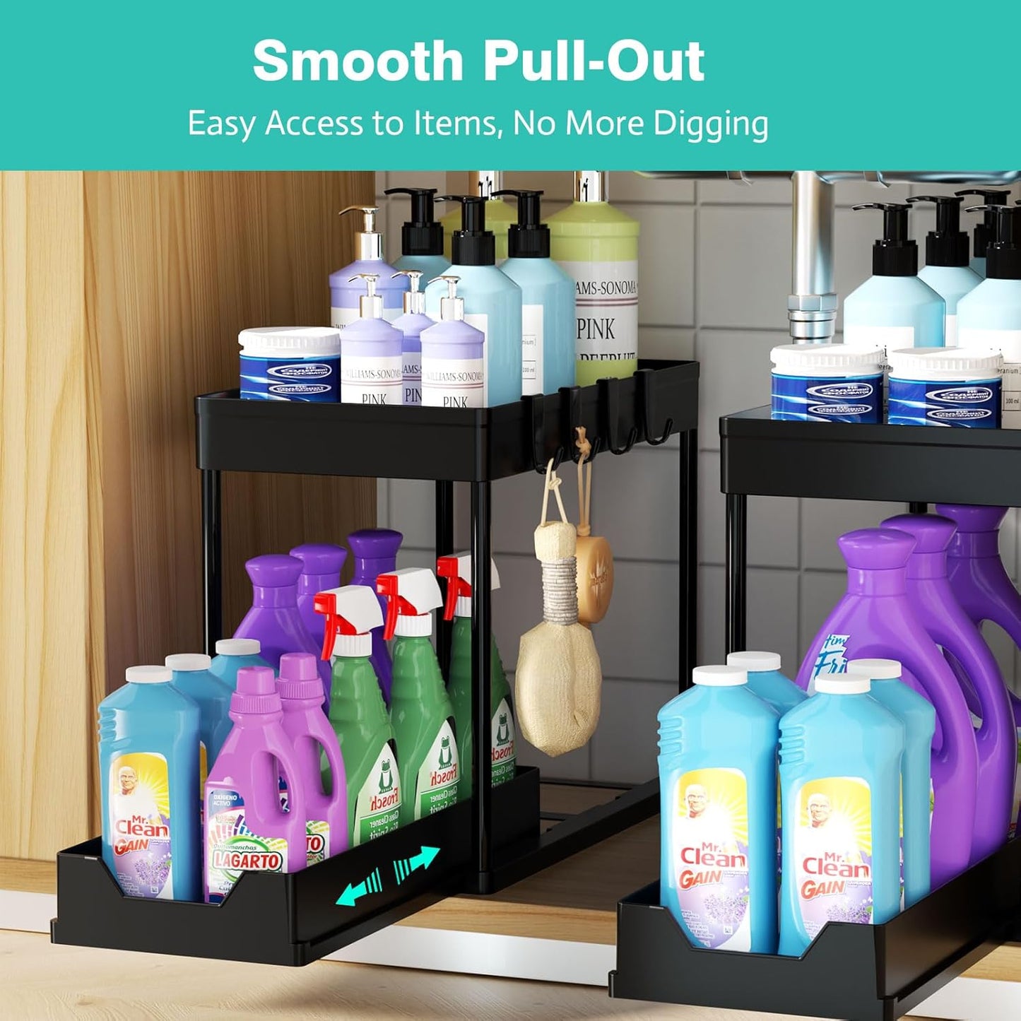 Under Sink Organizers by [Brand Name] - 2 Pack Pull-Out Sliding Cabinet Organizer with 2-Tier Storage Shelf & 4 Hooks | Multi-Purpose for Kitchen & Bathroom (13 Inch, Black)