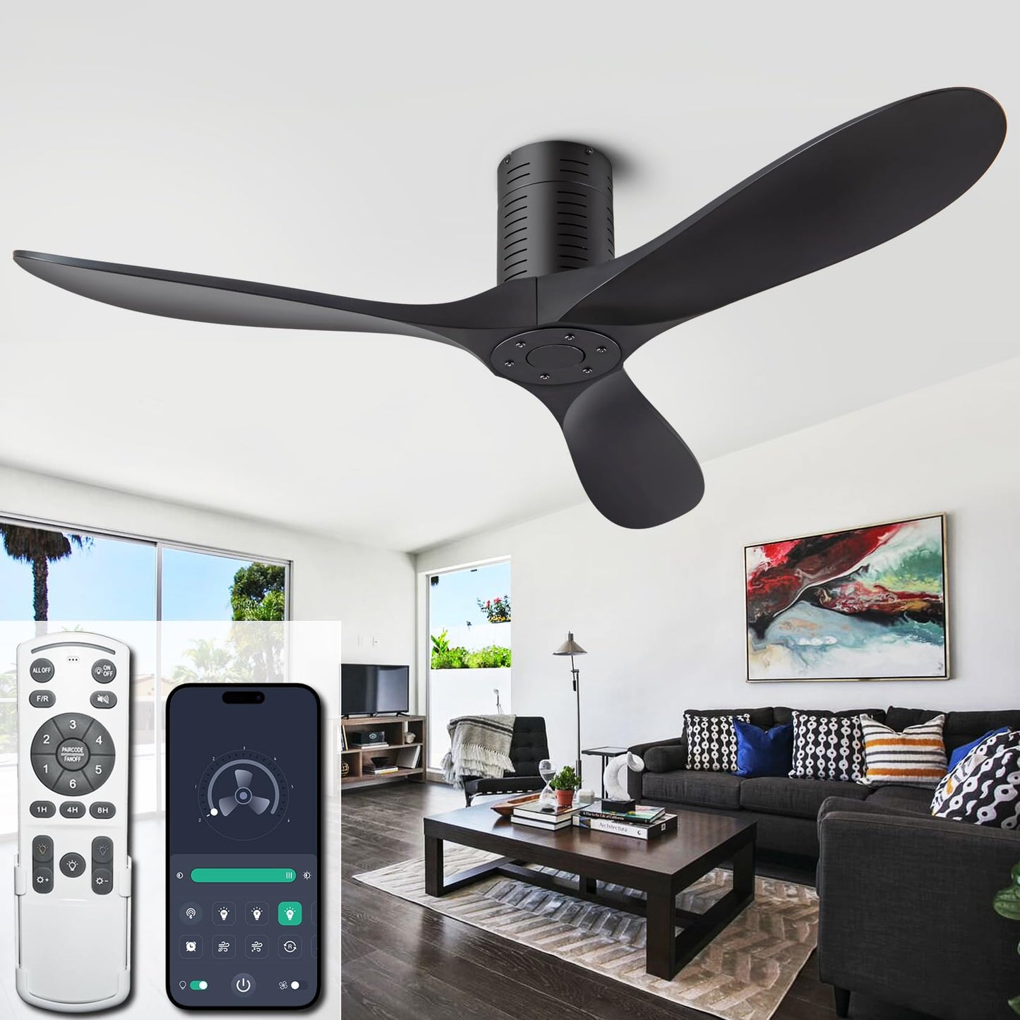 ducrew 52” Flush Mount Ceiling Fans No Lights and Remote/APP Control, 6 Speed DC Motor, Low Profile Ceiling Fan Without Light for Bedroom, Hallway,Indoor/Outdoor(Matte Black)