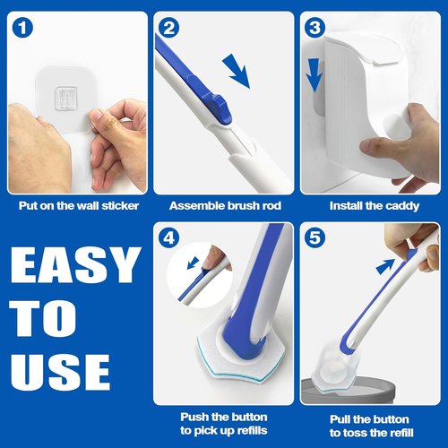 JEHONN Disposable Toilet Brush Set - 48 Cleaner Refills & Wall Mounted Holder - Blue Bathroom Cleaning System