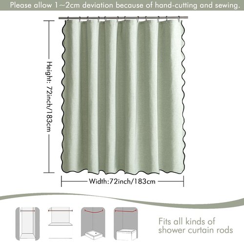 MIULEE Sage Green Scalloped Shower Curtain Linen Textured with 12 Metal Hooks Cute Heavy Duty Washable Waterproof Thick Cloth Spring Curtains with Black Border for Bathroom Hotel Bathtub,W72*L72