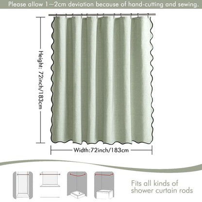 MIULEE Sage Green Scalloped Shower Curtain Linen Textured with 12 Metal Hooks Cute Heavy Duty Washable Waterproof Thick Cloth Spring Curtains with Black Border for Bathroom Hotel Bathtub,W72*L72