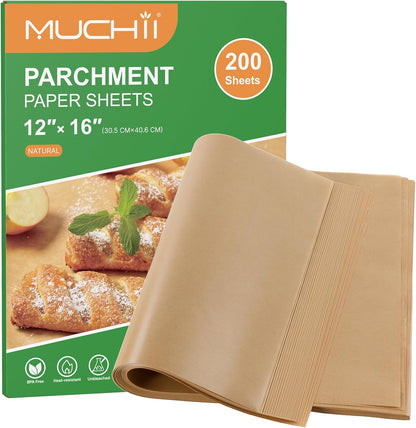 MUCHII Parchment Paper Sheets - 200 Pcs Non-Stick, 12 x 16 Inch for Baking, Grilling & Air Frying