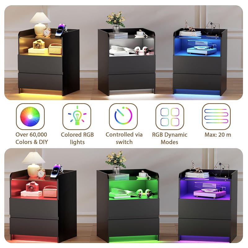 Night Stand with Charging Station and LED Lights - 2 Drawers, Glass Top