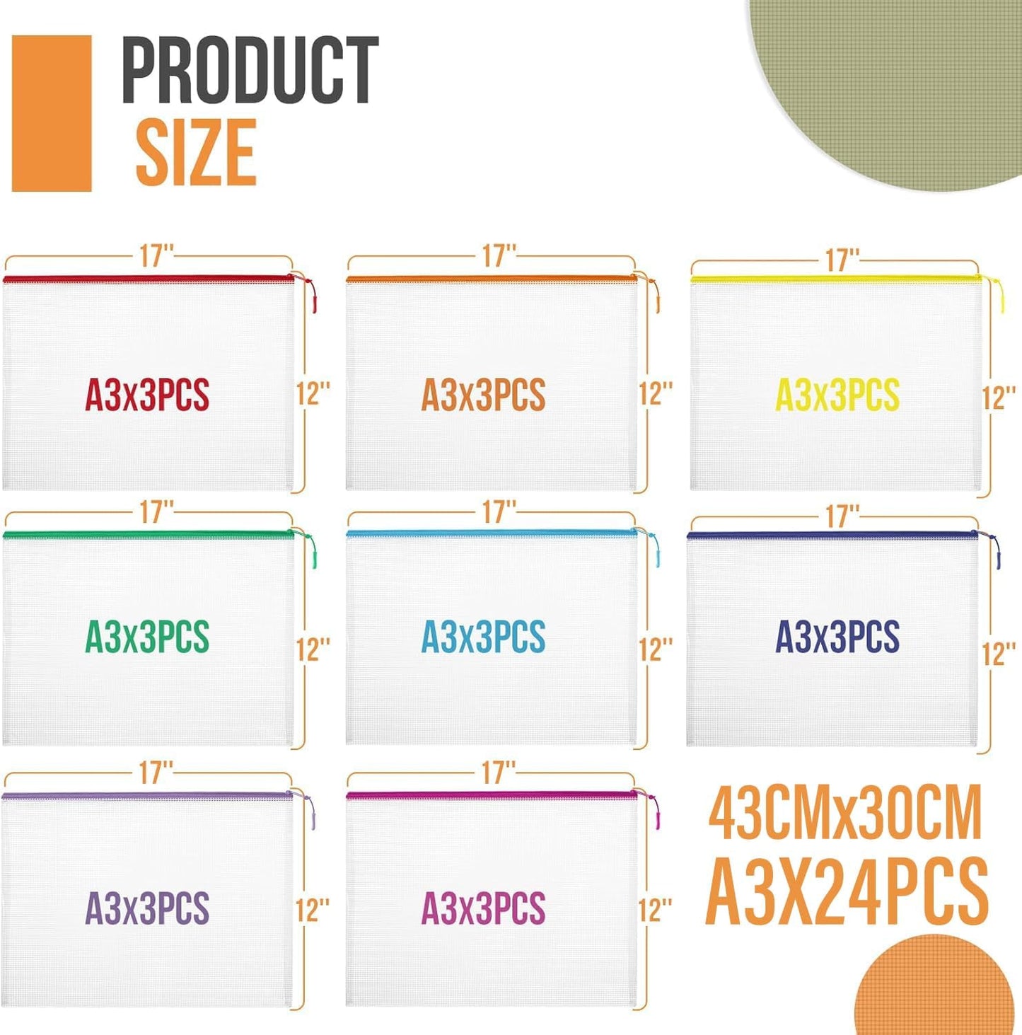 Skiennix 24pcs Mesh Zipper Pouch File Bags - Large A3 17x12 Inches for Classroom & Game Organization