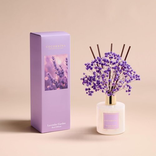 Cocorrína Reed Diffuser - Lavender Garden 6.7 Fl. Oz Set with Sticks & Preserved Baby's Breath | Home Decor