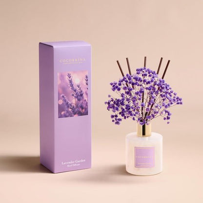 Cocorrína Reed Diffuser - Lavender Garden 6.7 Fl. Oz Set with Sticks & Preserved Baby's Breath | Home Decor