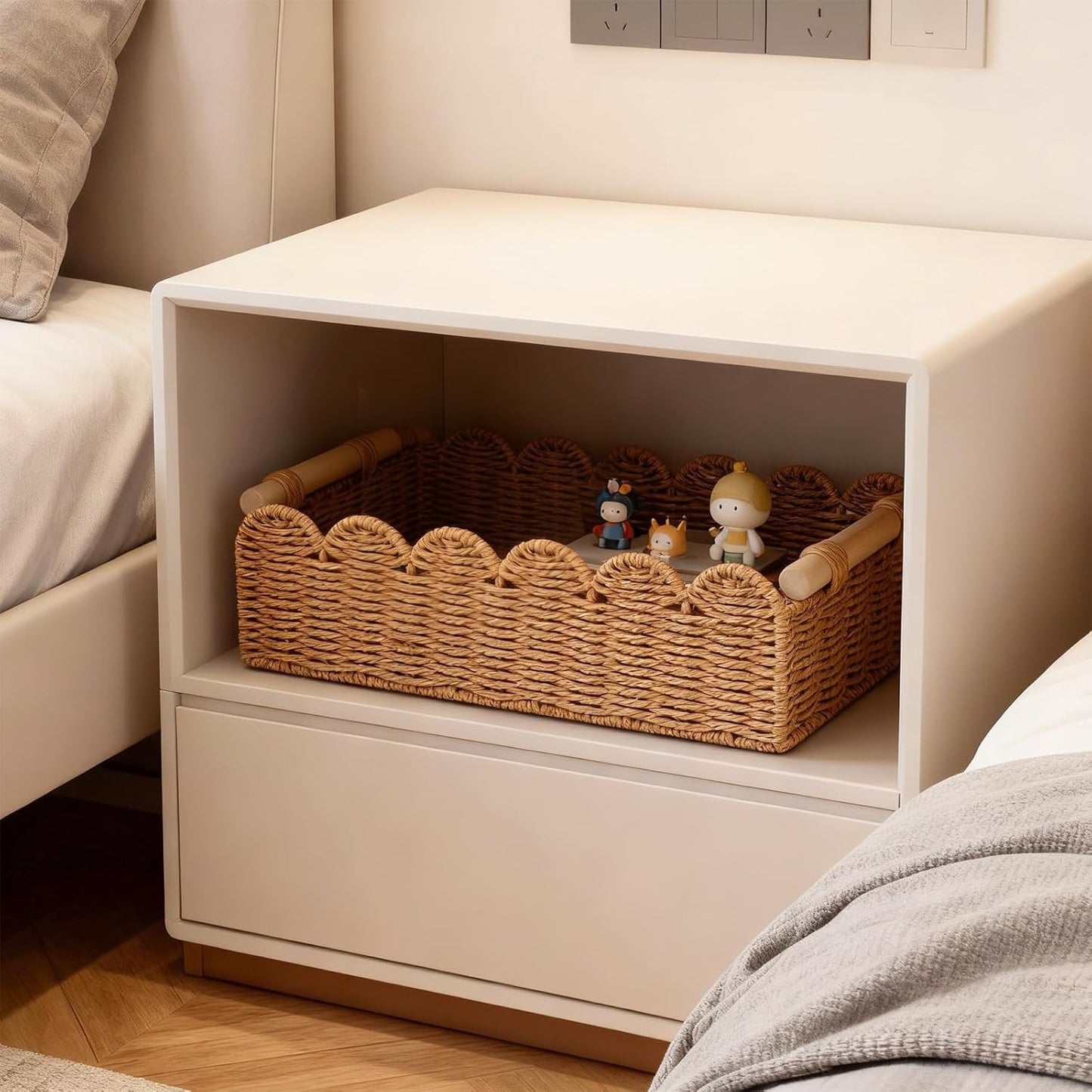Regine Switzerland Set of 2 Paper Rope Baskets - Scalloped Edge Storage for Bathroom & Living Room | Neutral Color with Wooden Handles