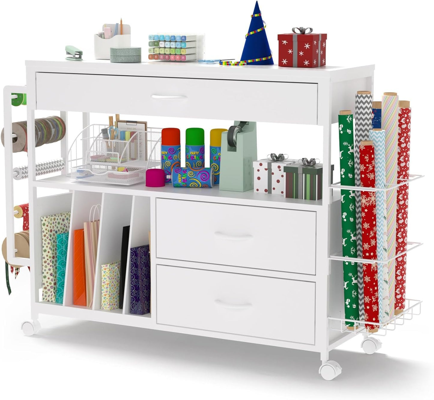 Skiennix Wrapping Paper Organizer - Stylish Craft Cart with Ribbon & Gift Bag Storage | 3 Wooden Drawers - White