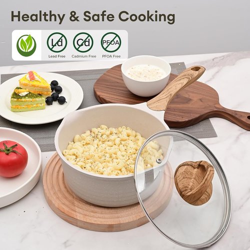 JEETEE Nonstick 2 Quart Saucepan with Lid - Stone Coating for Induction Cooking (Beige)