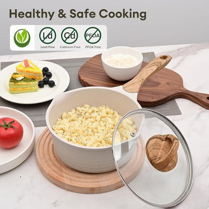 JEETEE Nonstick 2 Quart Saucepan with Lid - Stone Coating for Induction Cooking (Beige)