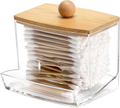 Tbestmax Qtip Holder Dispenser - 10oz Clear Bathroom Organizer with Bamboo Lid for Cotton Swabs & Balls