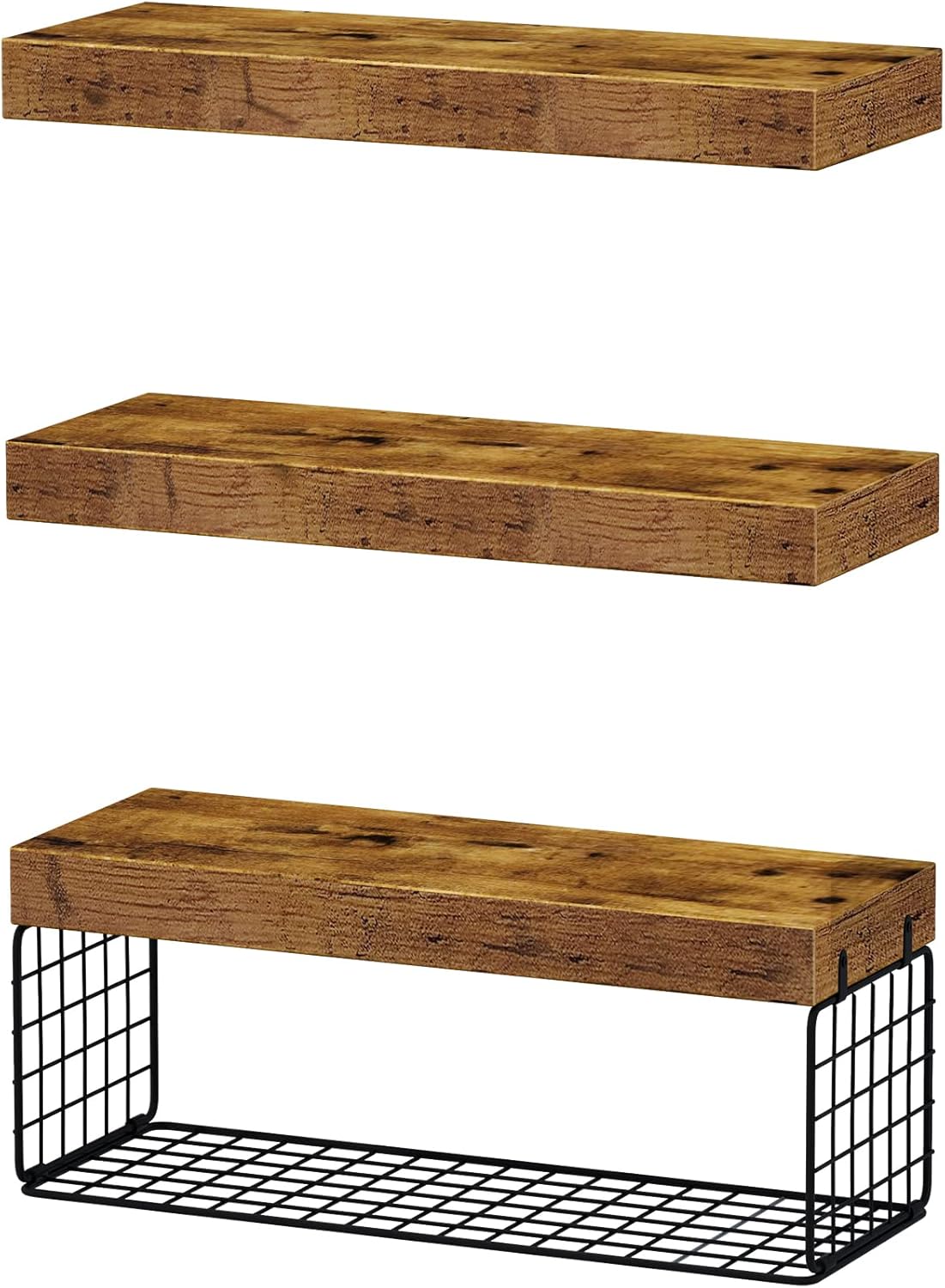 QEEIG Bathroom Shelves Over Toilet - Rustic Brown Wall-Mounted Floating Shelves | Set of 3, 16 Inch Toilet Paper Storage