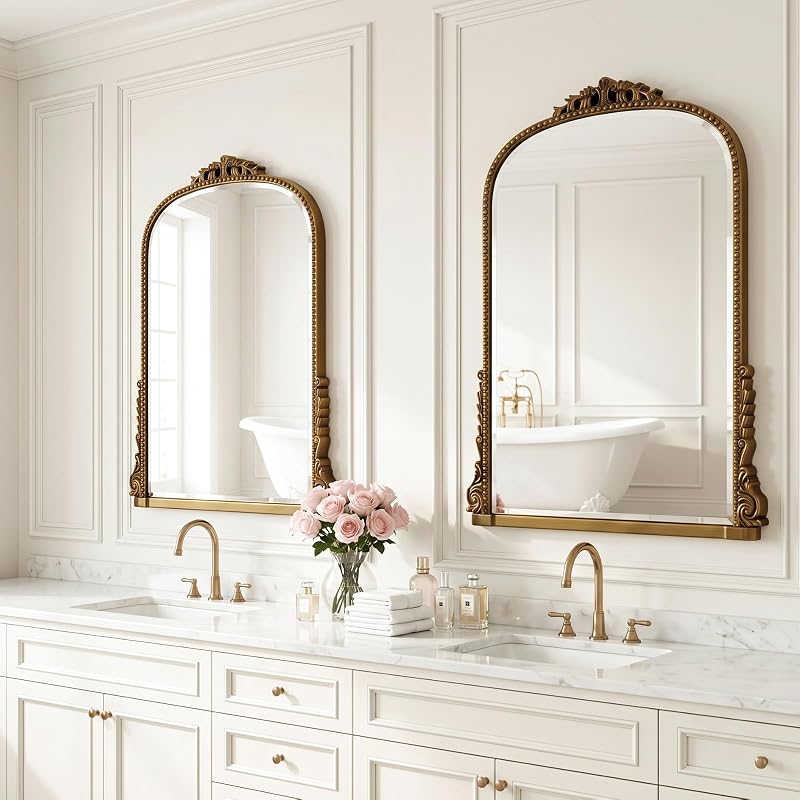28x40 in Vintage Baroque Wall Mirror with Gold Finish, Arched Frame — Variation: Gold+40"L x 28"W